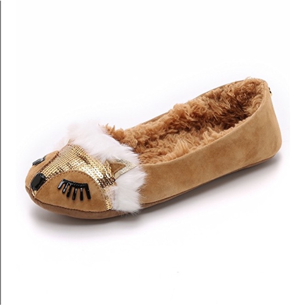 Kate Spade Salena Fox Face sequin slippers sz 7 honey faux fur cute animal flats